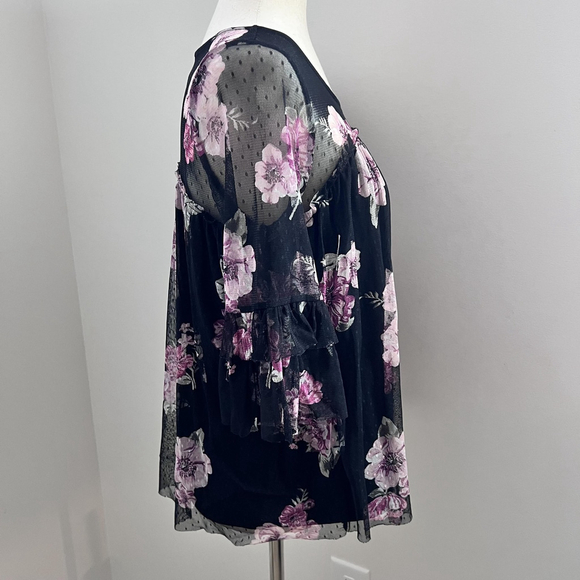 Sheer Floral Mesh Womens Top Black Pink Bell Sleeve Whimsigoth Fairy Grunge Boho - Picture 4 of 9